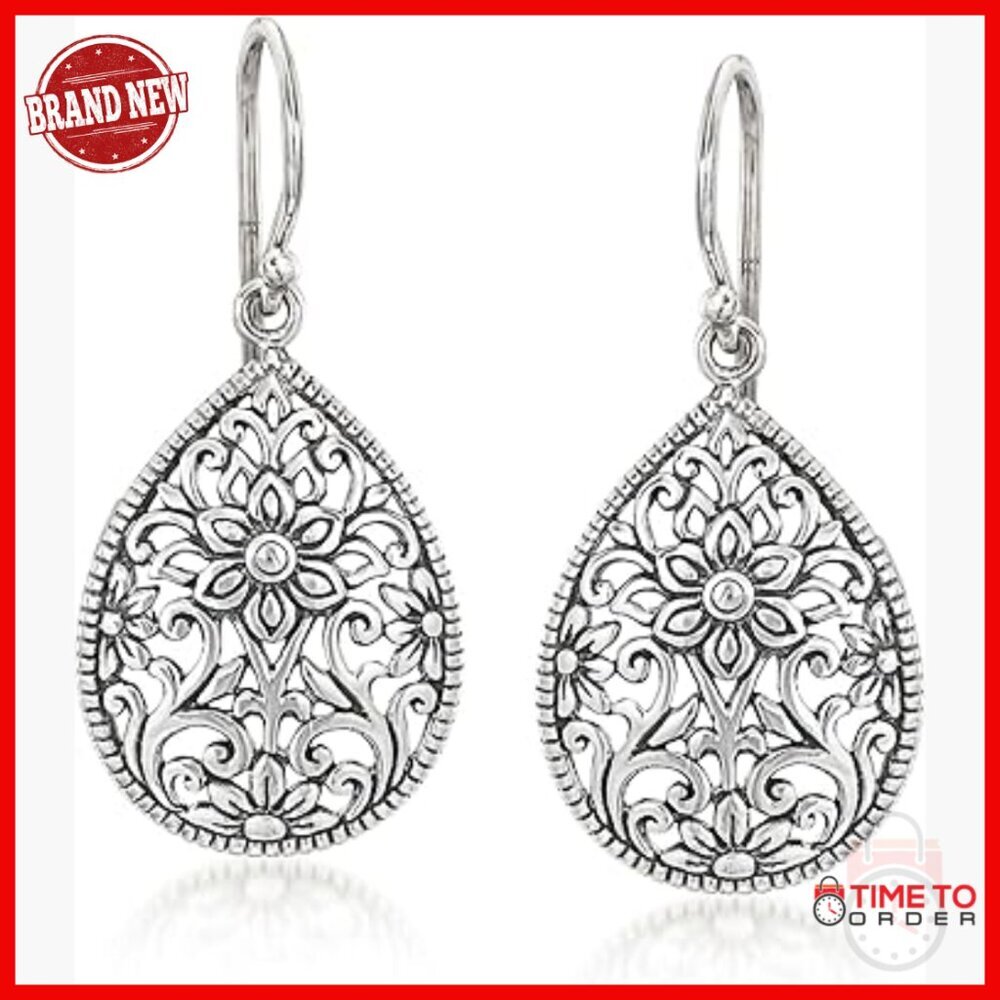 Sterling Silver Teardrop Earrings, Bali-Style Floral Filigree Design